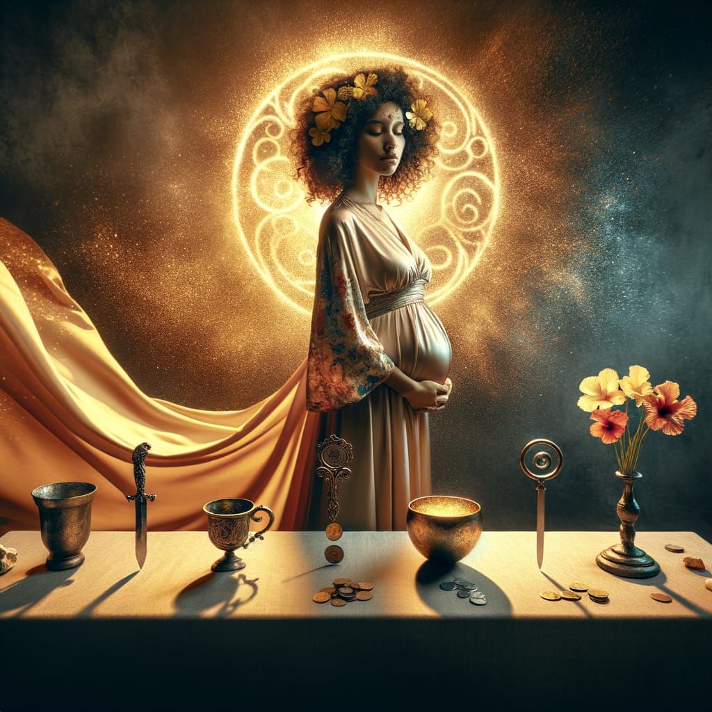 Serene Pregnant Goddess in Golden Light with Elemental Symbo...