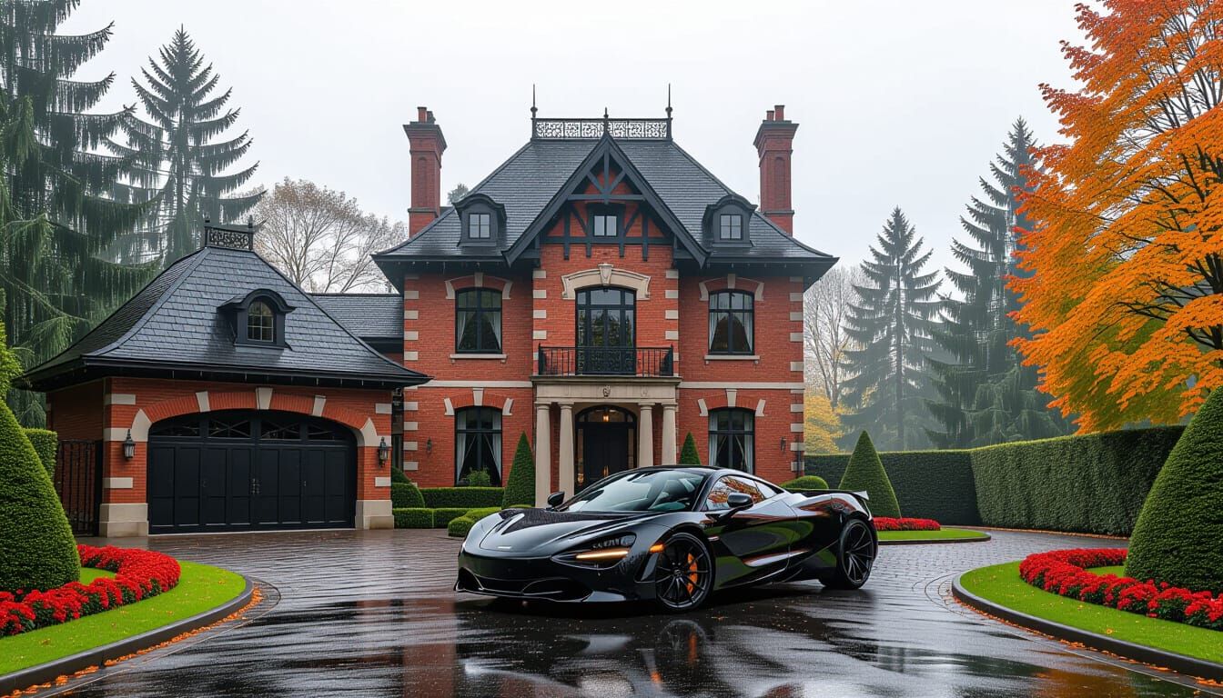 Victorian Chateau with McLaren in Misty Autumn Landscape