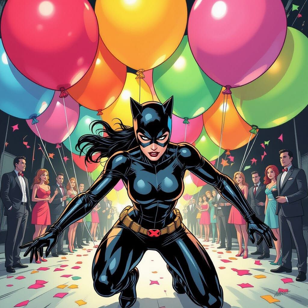 Catwoman Pounces on Birthday Balloons in Comic Book Style