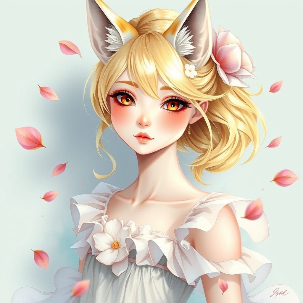 Fox-Girl in Flower Dress, Watercolor Art