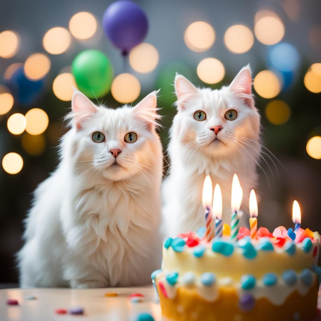 Two White Cats Celebrate Birthday in Photo