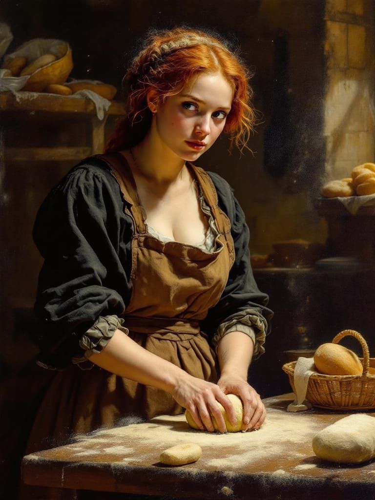 Redhead Baker Kneading Dough in Luminous Renaissance Kitchen