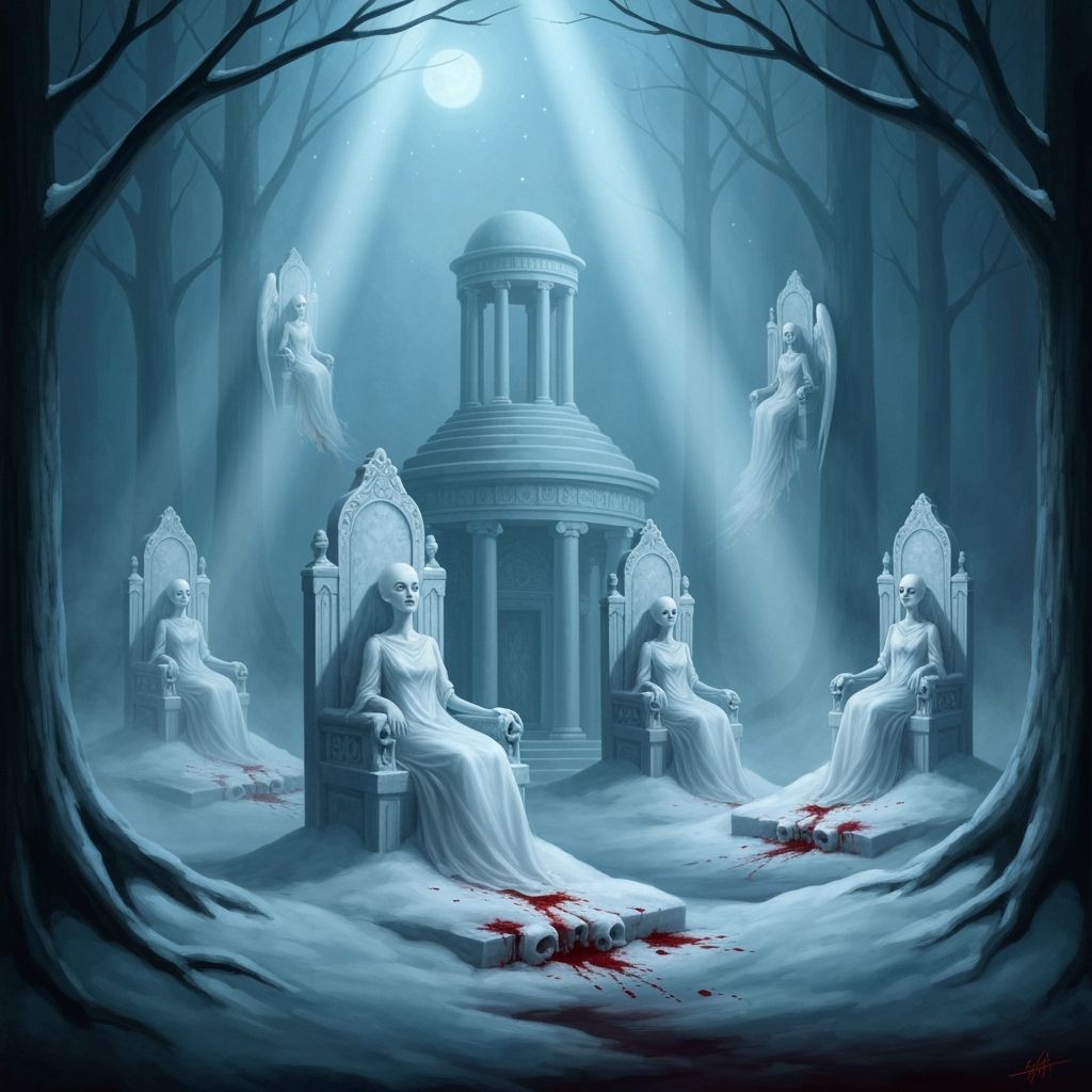 Ethereal Temples in Foggy Forest Under Moonlight