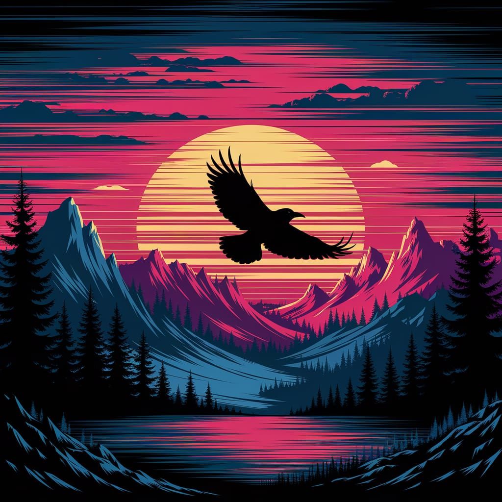 Raven Takes Flight Across Vibrant Sunset Landscape
