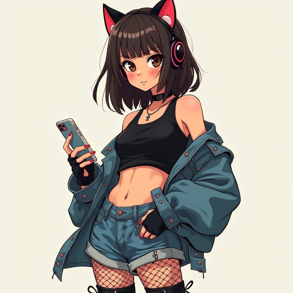 Edgy Urban Fashionista with Cat Ear Headphones