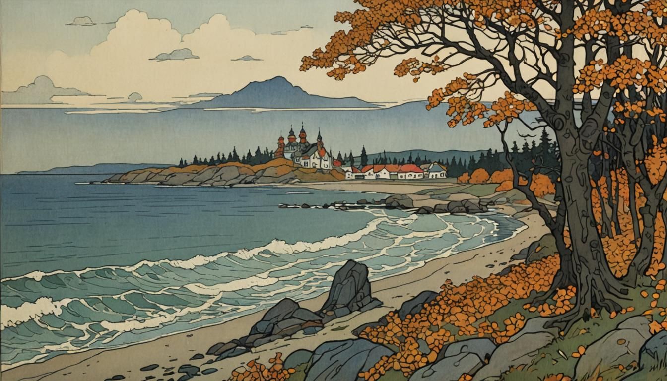 Autumn Seashore in Art Nouveau Style