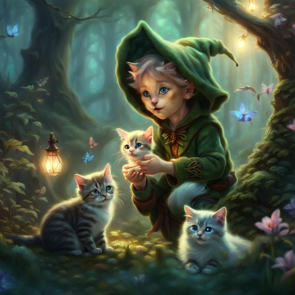 Magical Elf with Kittens in Fanciful Forest