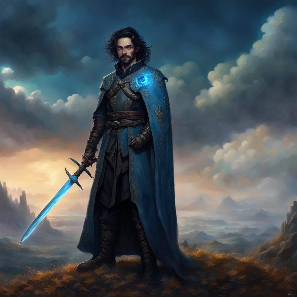 Warlock with Glowing Eyes Holds Rapier on Hill