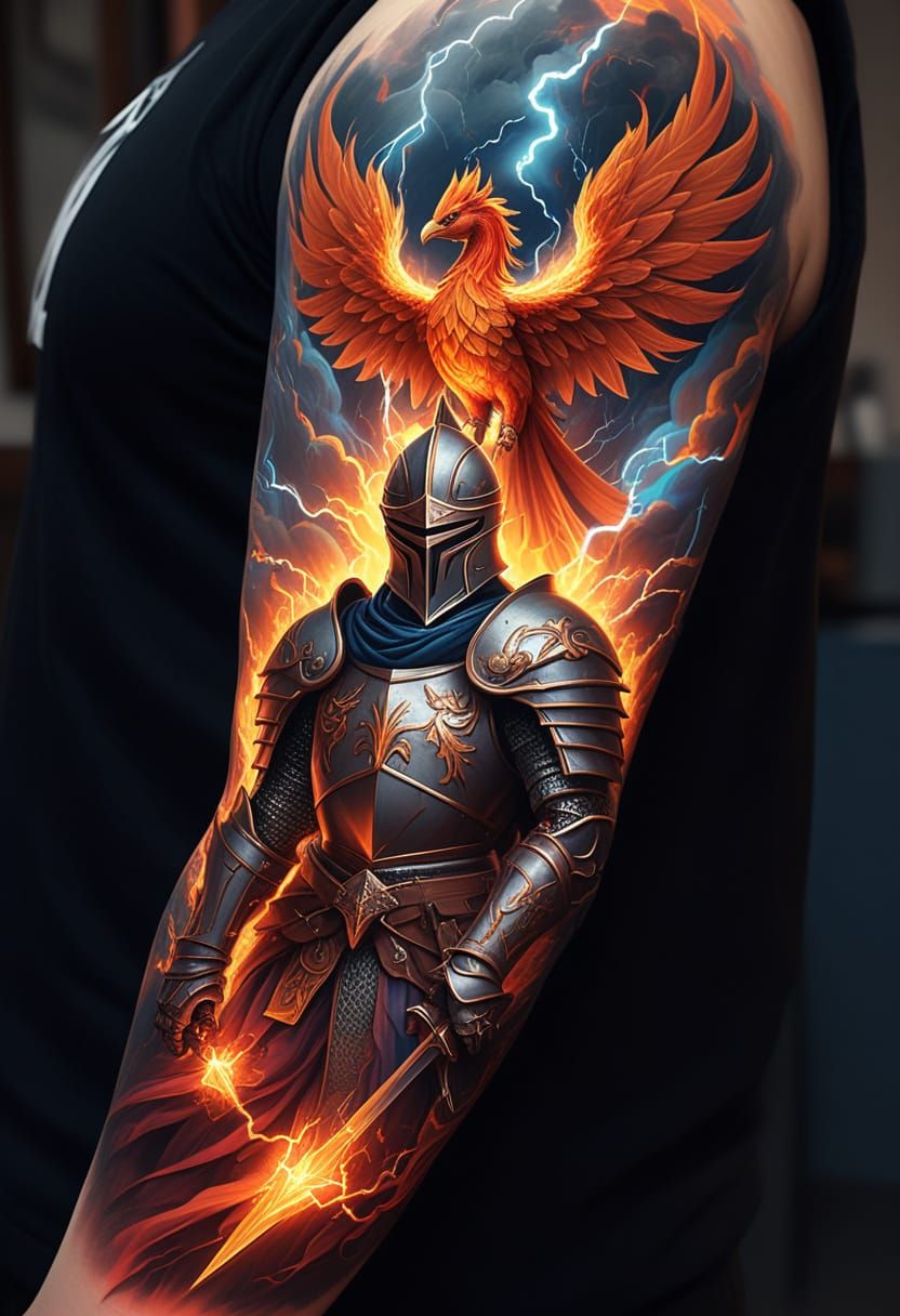 Knight and Phoenix Clash Amidst Lightning Storm