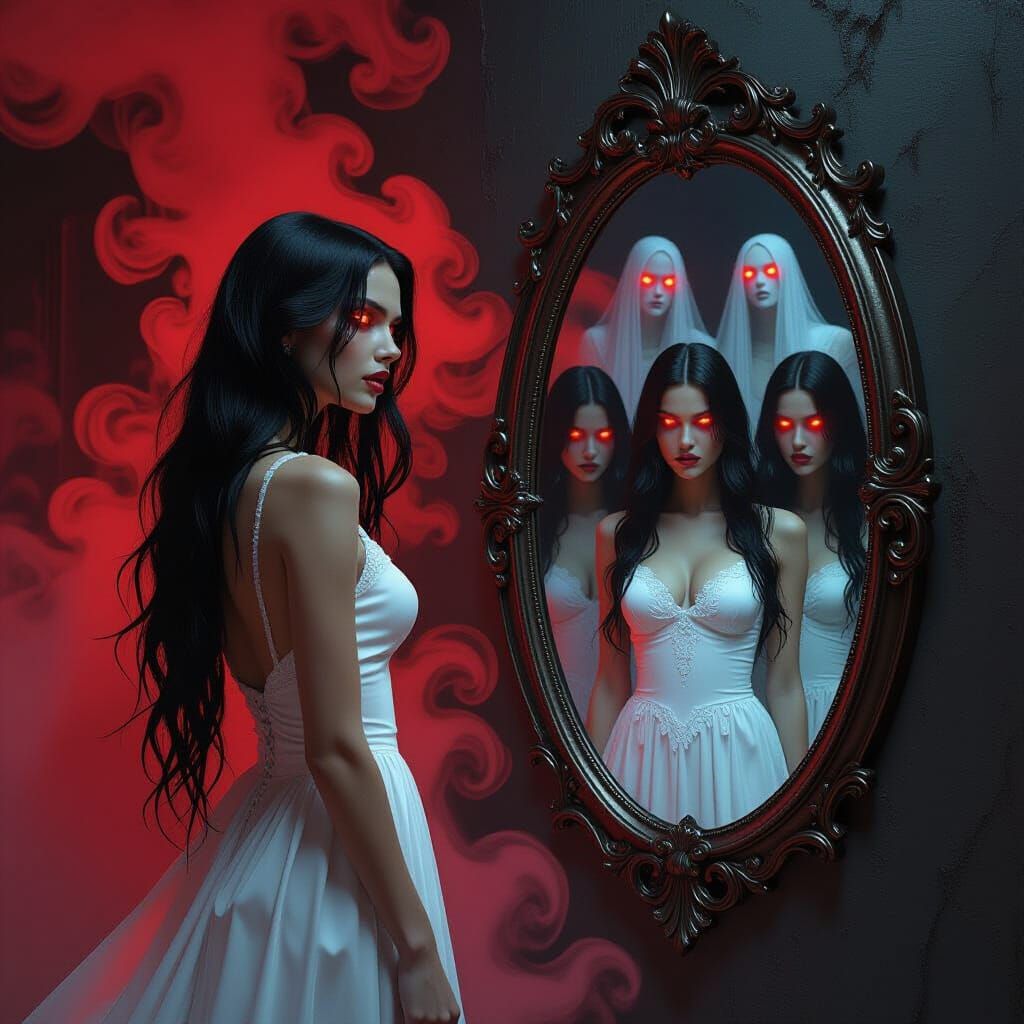 Eerie Ghosts Emerging from Antique Mirror in Gothic Style