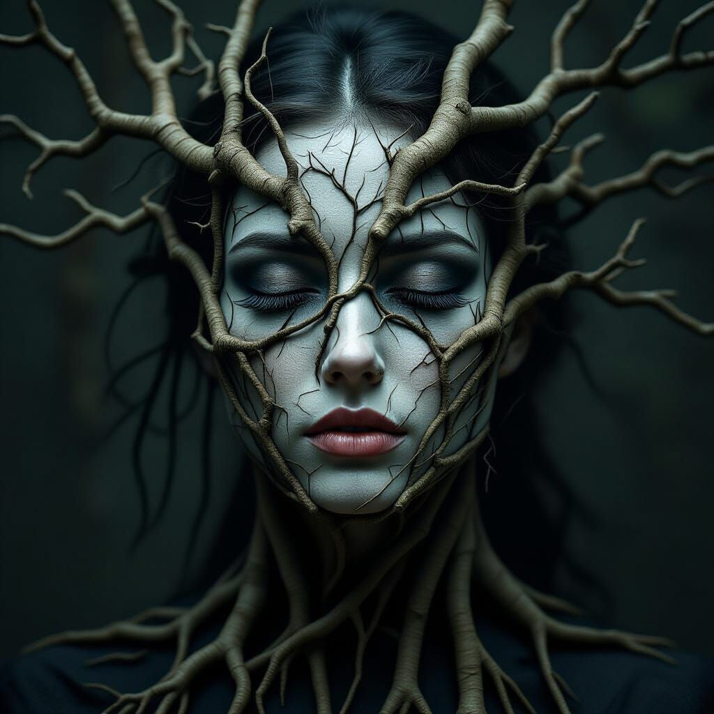 Surreal Woman's Face Covered in Tree Roots