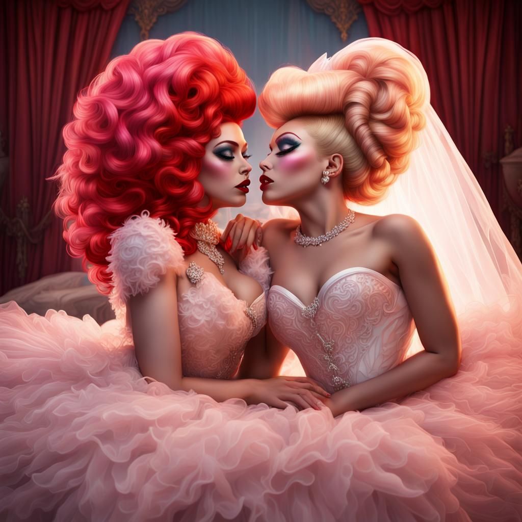 Drag Queens Kissing in Wedding Dresses: Digital Art