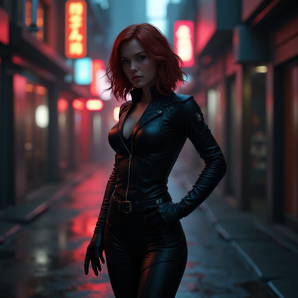 Heroic Black Widow in Neon Alleyway, in Hyperreal 3D Style