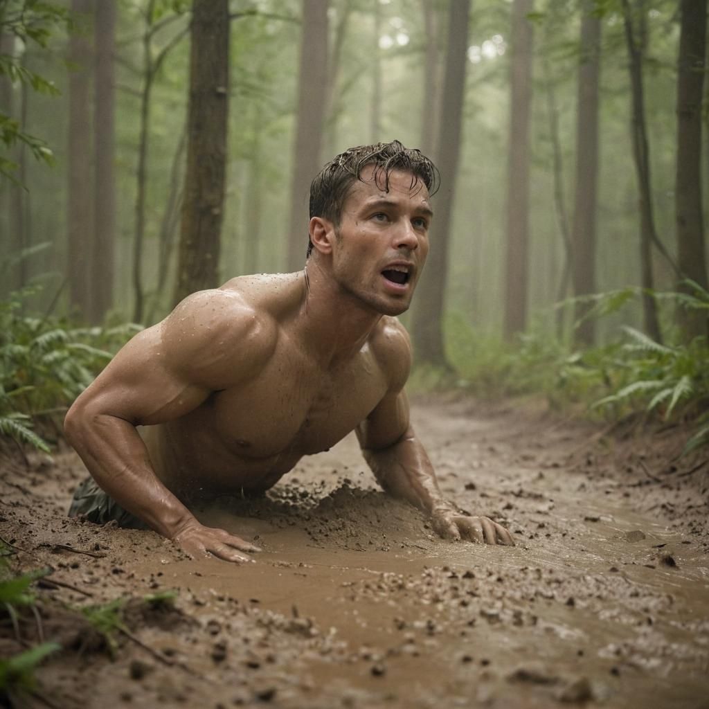 Man's Desperate Struggle in a Misty Quicksand Pit
