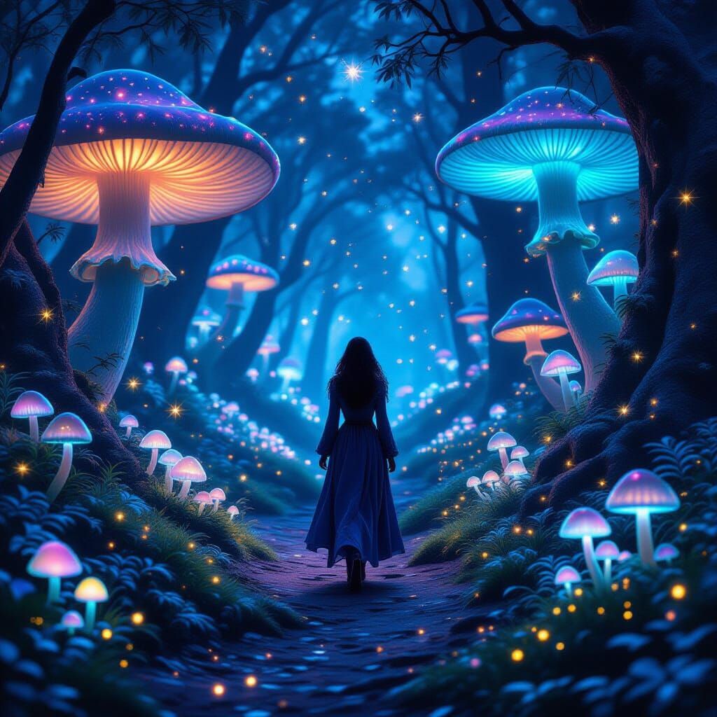 Enchanting Forest at Night with Mystical Woman