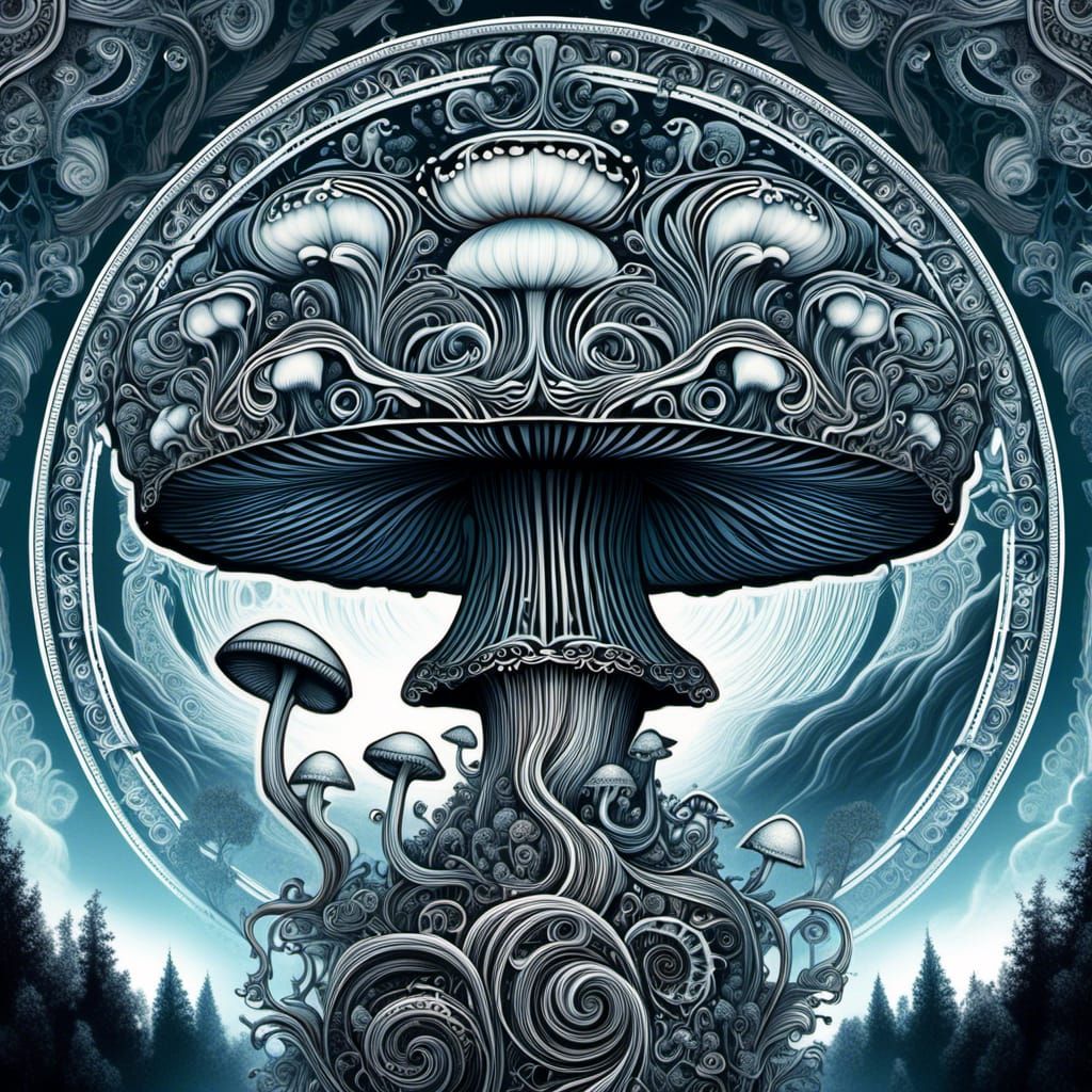 Glowing Mushroom with Filigree Patterns in Surreal Style