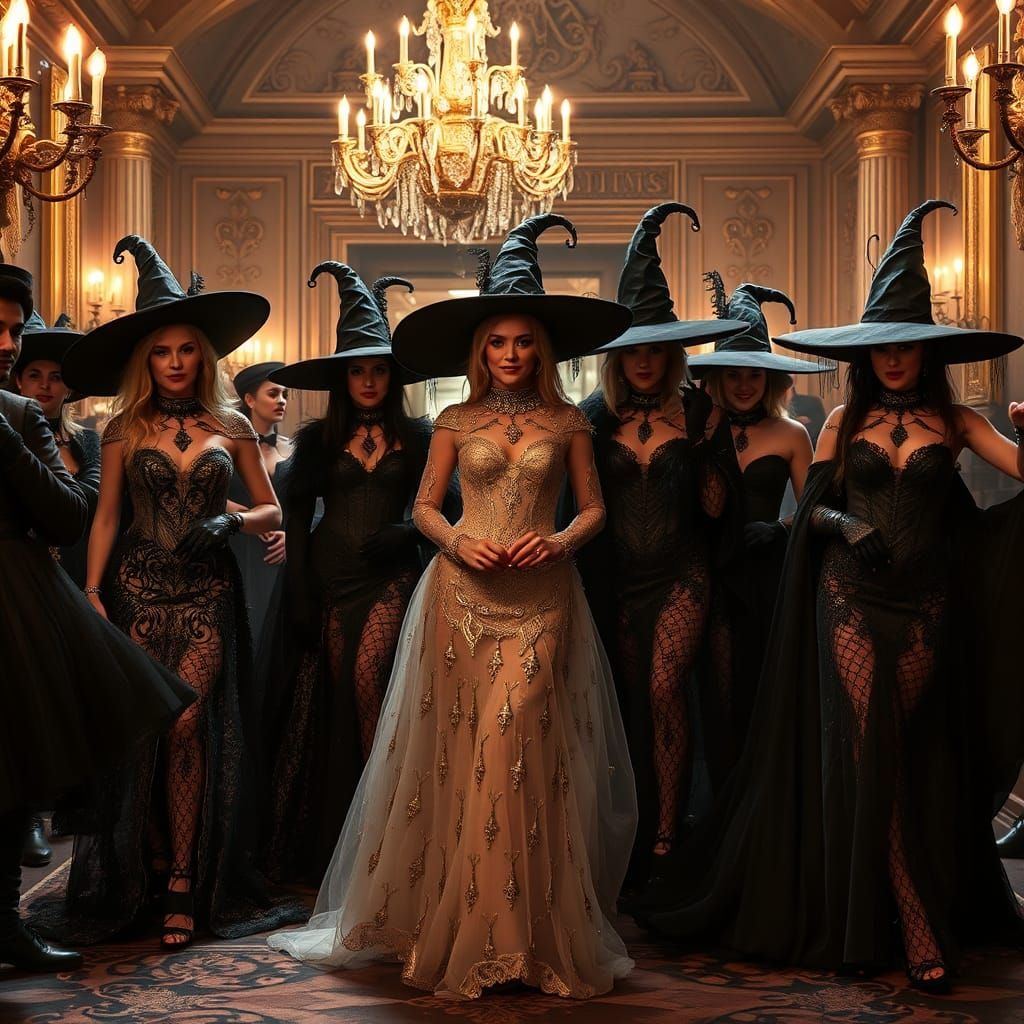 Witches' Grand Entrance at Halloween Party in Art Deco Style