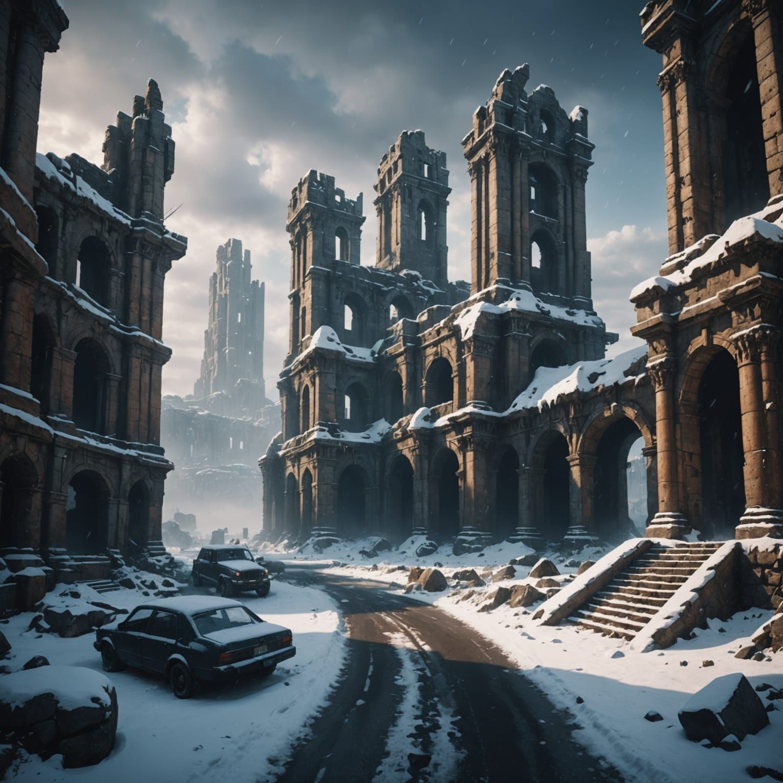 Cyberpunk Apocalypse in Snowy Ruins