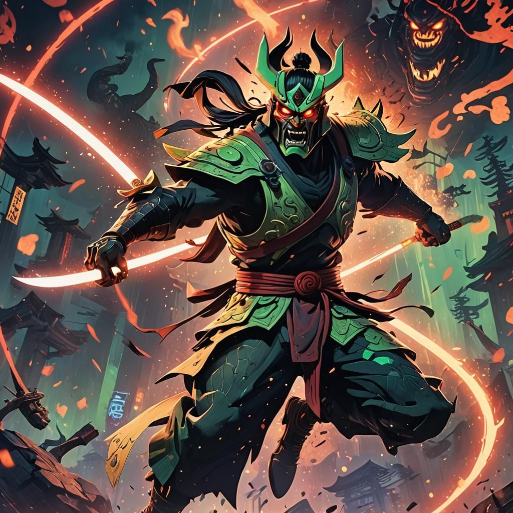 Samurai Jack Slaying Monster in Neon City