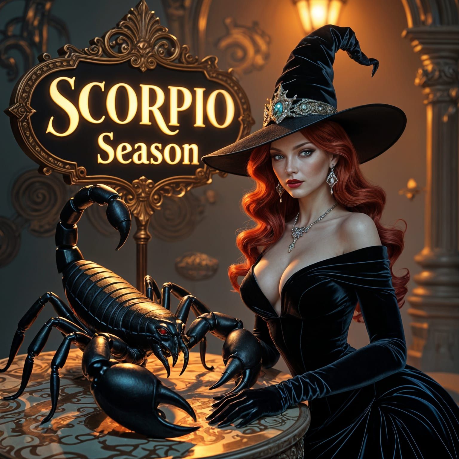 Scorpio Season Art Deco Sign with Witch and Scorpion