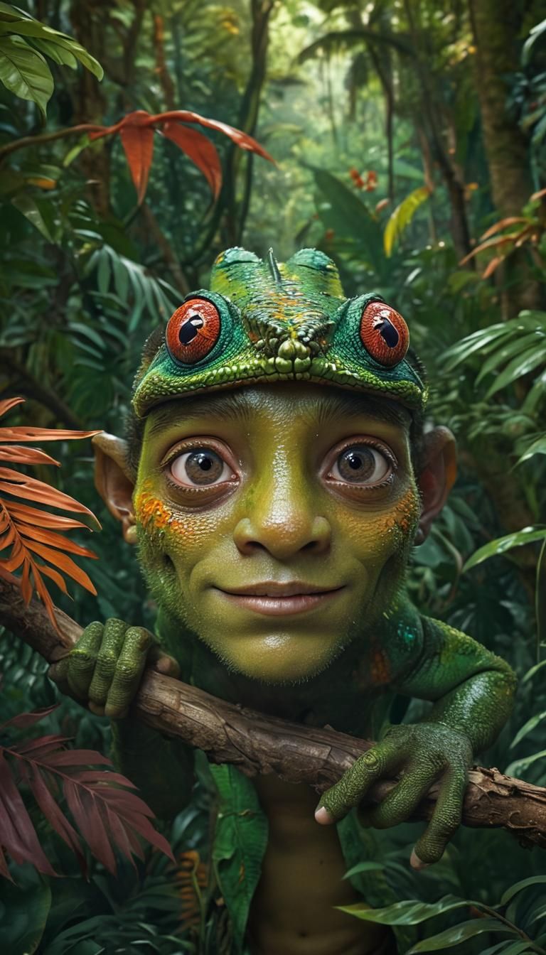 Chameleon Humanoid in Lush Jungle, Photorealistic