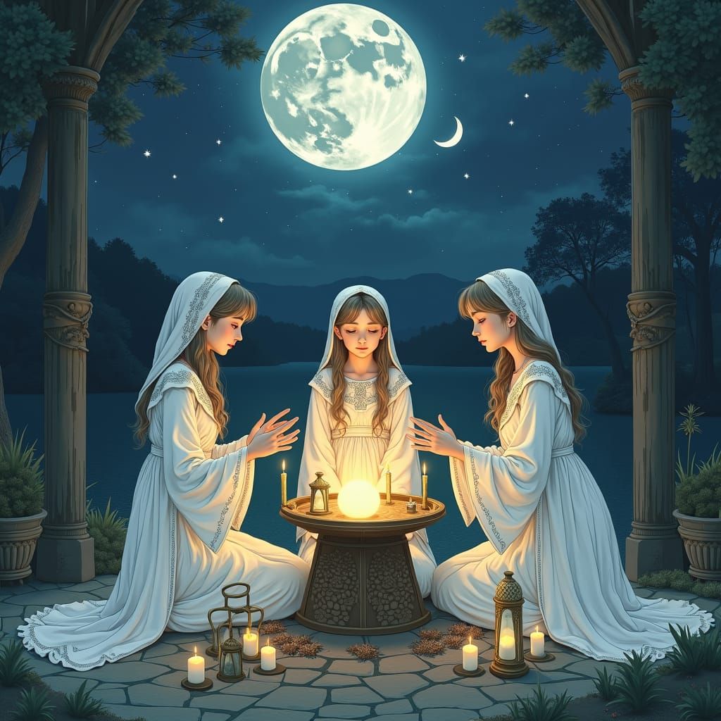 Enchanting Witches Conjure Magic Under Full Moon