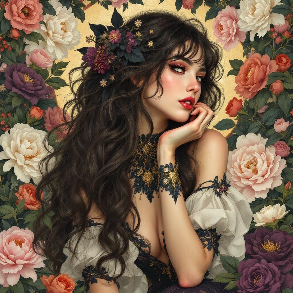 Floral Portrait in Art Nouveau Digital Painting Style