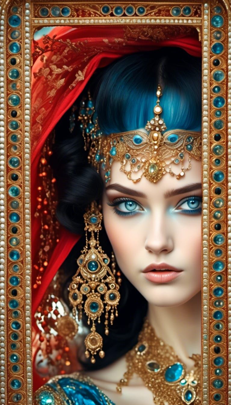 Beautiful Girl with Ornate Headdress in Digital Art