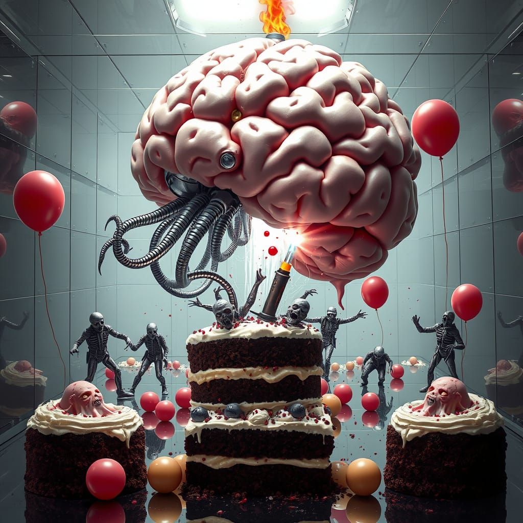 Giant Robot Brain Zit Explosion in Biomechanical Style