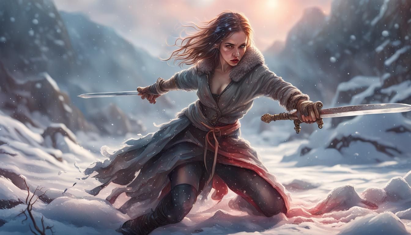 Snowy Sword Fight: Hyperrealistic Concept Art