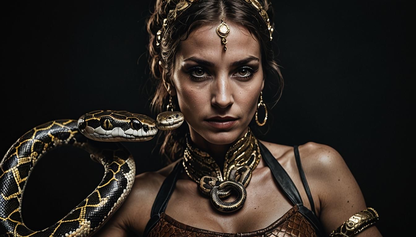 Captivating Snake Charmer Portrait in Circus Style