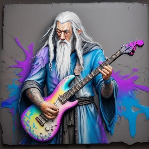 Gandalf Plays Guitar in Graffiti Street Art
