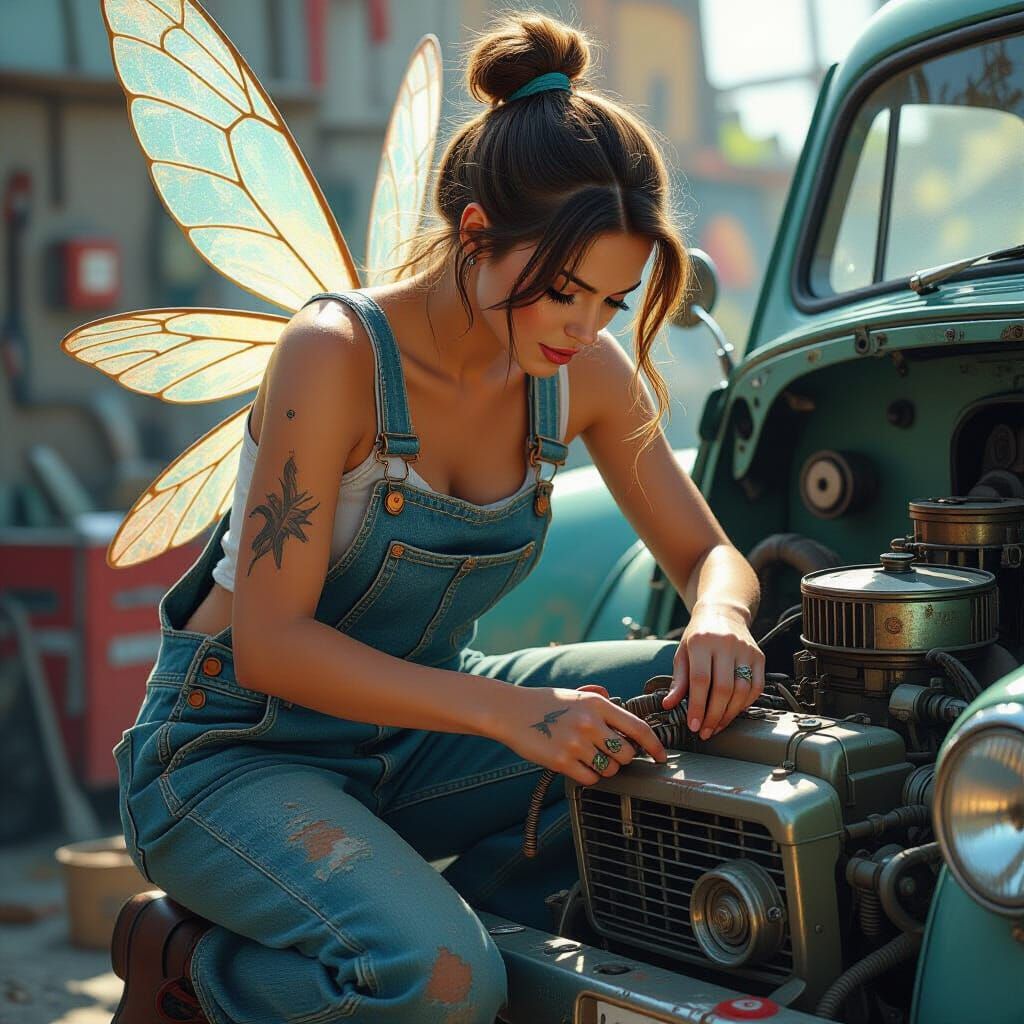 Fairy Mechanic Tinkering with Vintage Car Engine