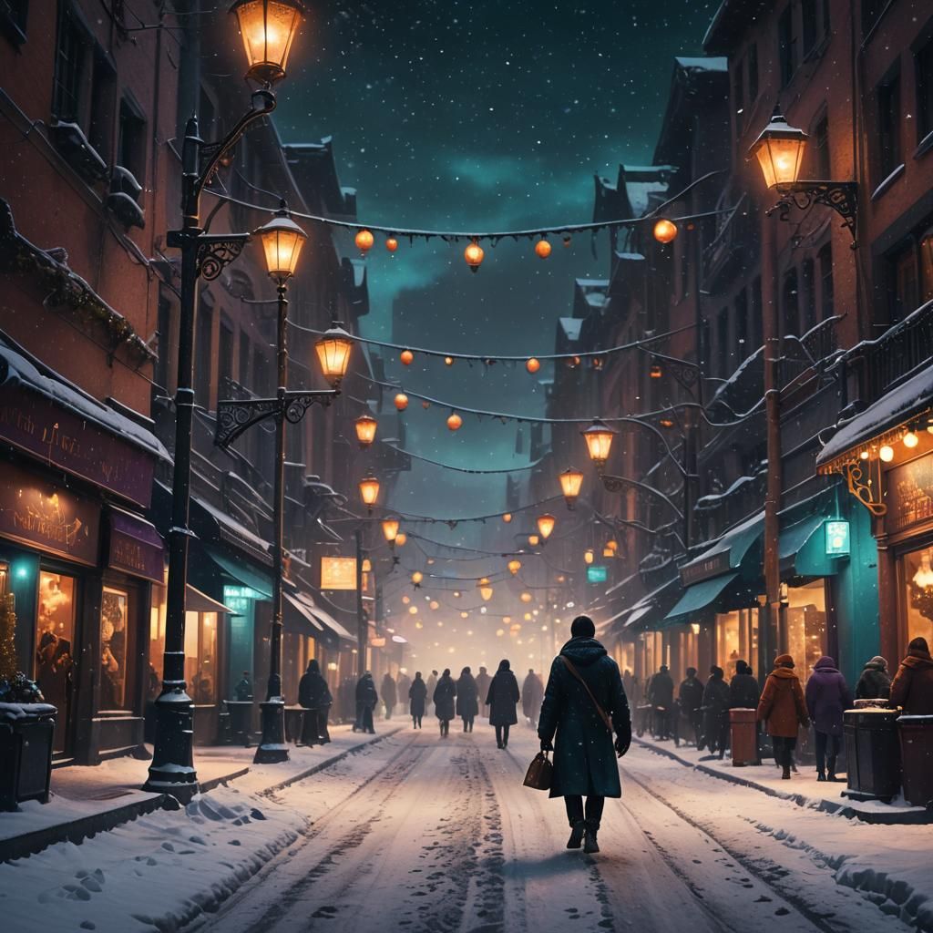 Dark Fantasy Street Scene with Black Snow