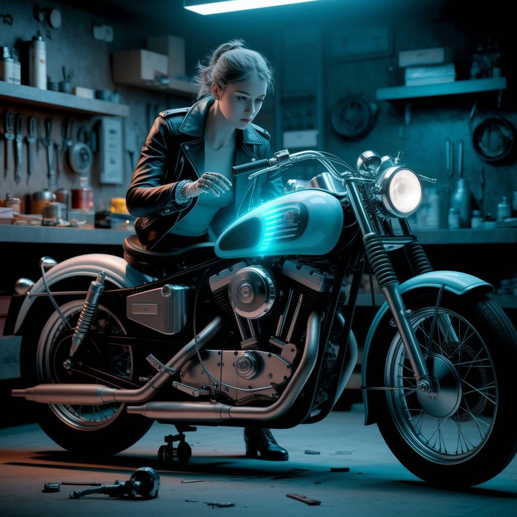 Cyborg Mechanic Repairs Motorcycle as Leibovitz Photograph