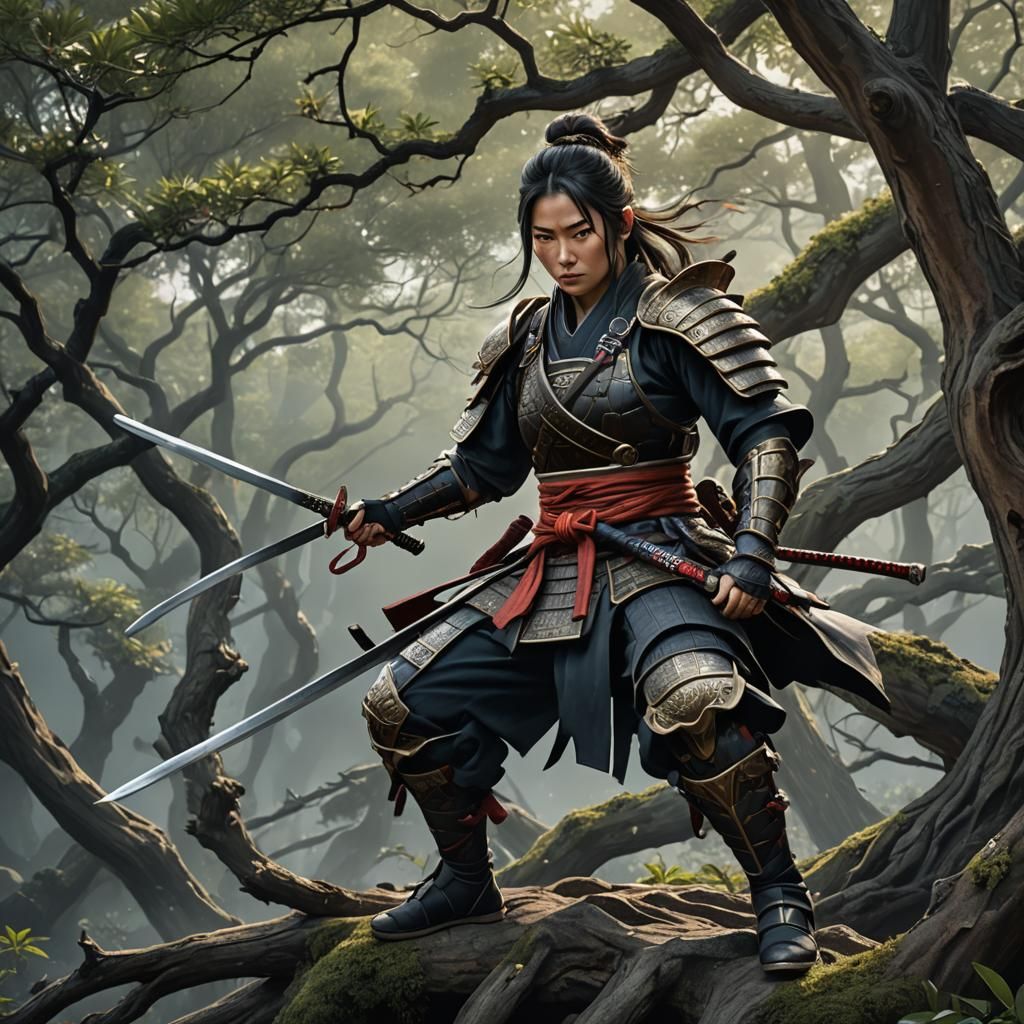 Samurai Woman in Tree with Swords: Epic Matte Painting