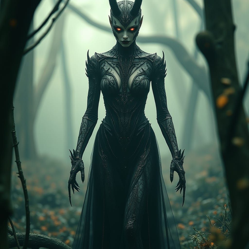 Mystical Demoness in Sun-Dappled Forest