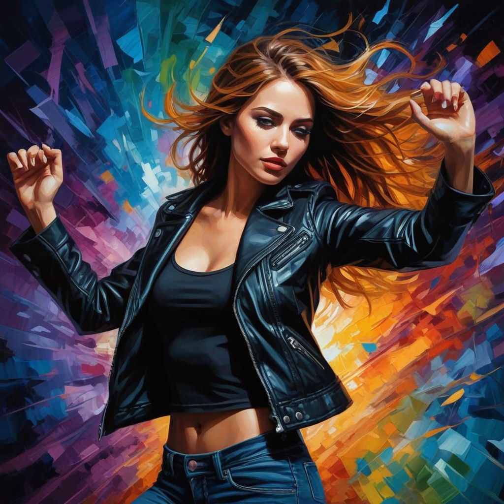 Woman in Black Leather at a Vibrant Nightclub in Abstract Ar...