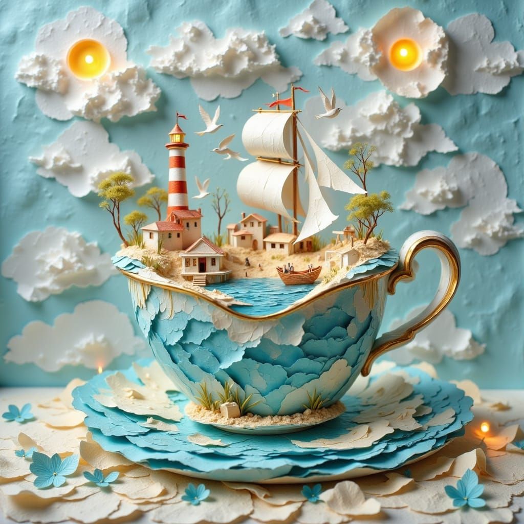 Whimsical Seaside Village in Teacup Diorama