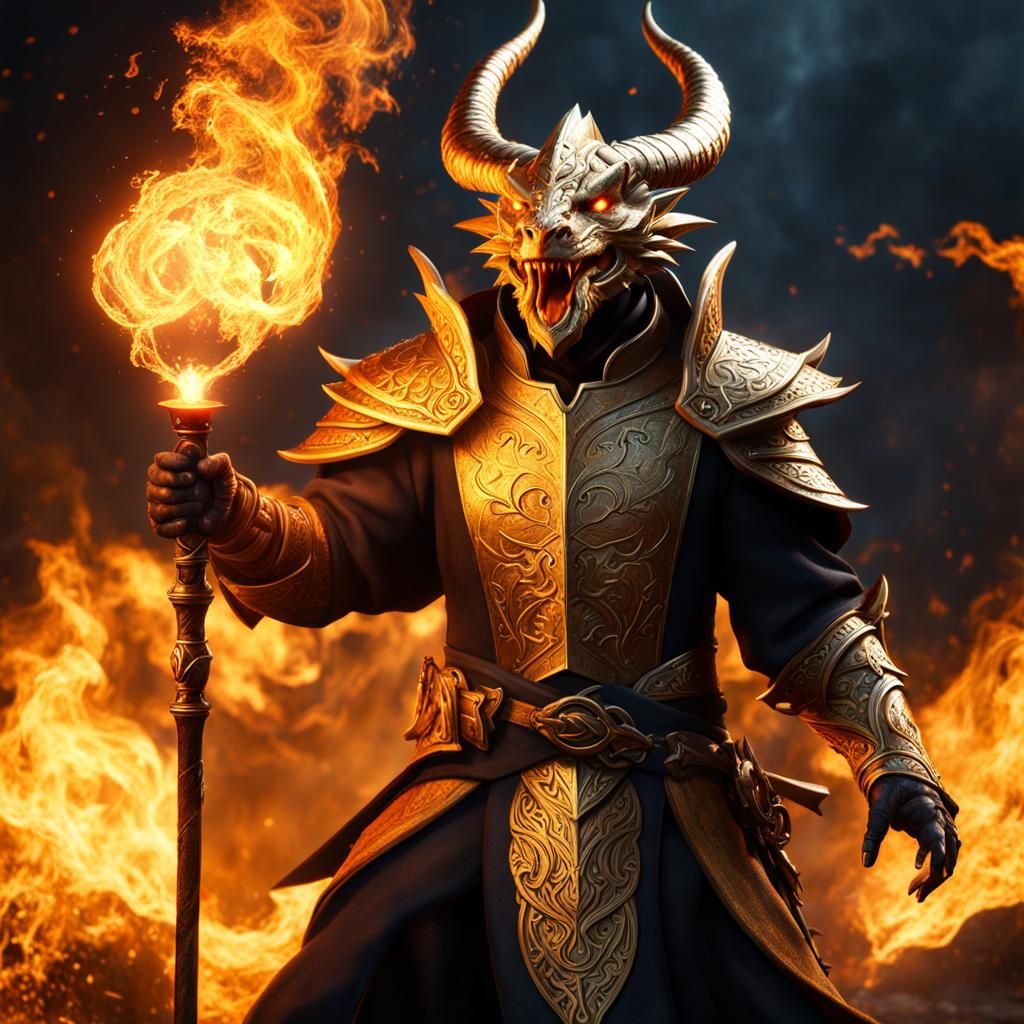 Gold Dragonborn Sorcerer Firespell: Fantasy Concept Art