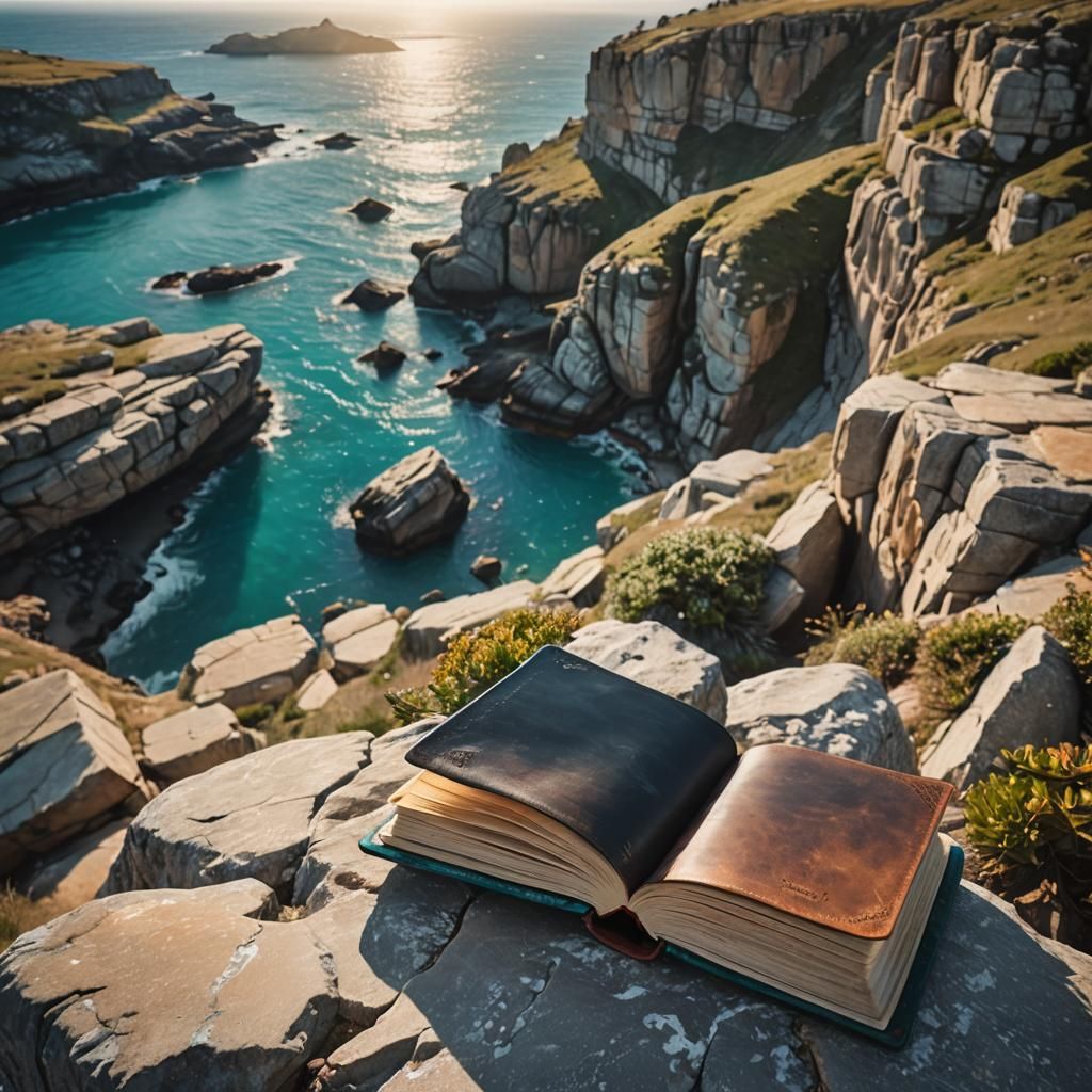 Leather Book on Cliffs Overlooking Turquoise Ocean