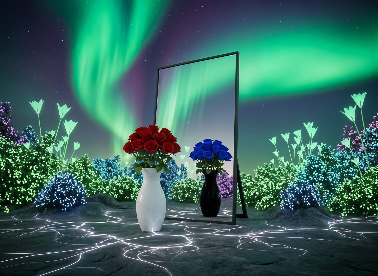 Surreal Mirror Reflects Cosmic Roses Under Aurora Sky