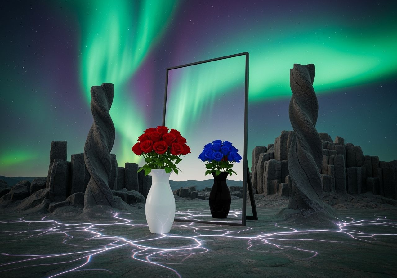 Paradoxical Mirror Reflects Roses Under Aurora Sky