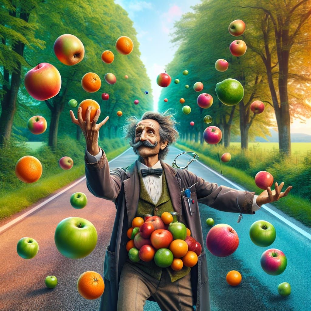 Joyful Physicist Juggling Fruit on Infinite Road