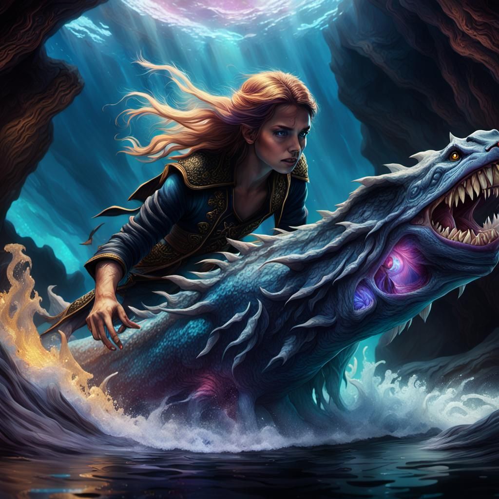 Pirate Woman Battles Sea Beast in Ocean Cave