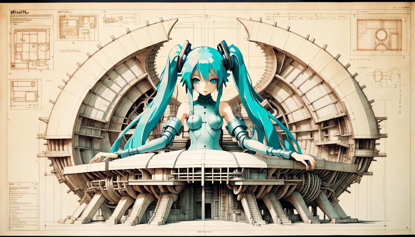 a construction plan from leonardo da vinci for Hatsune Miku,...
