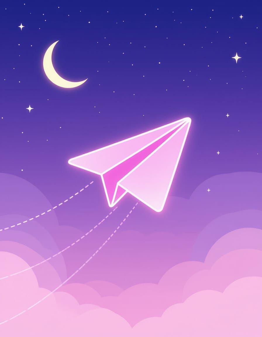 Neon Paper Plane Logo on Dreamy Night Sky