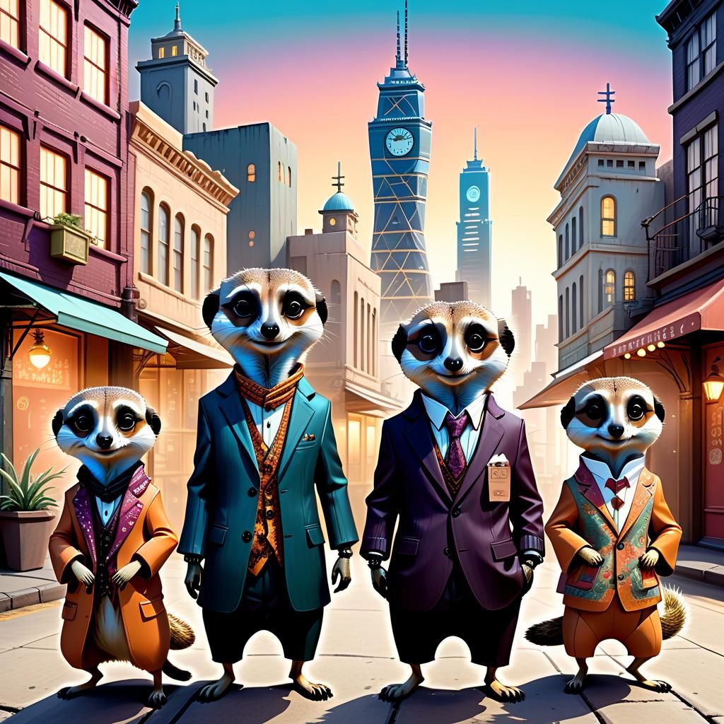 Anthropomorphic Meerkats in Cityscape, Cel Shading Style