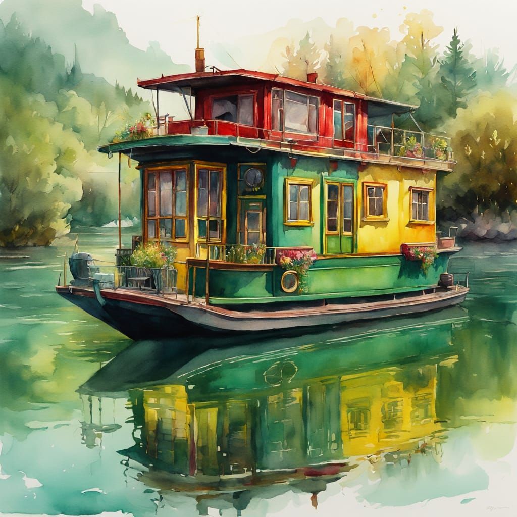 Epic Watercolour Houseboat Scene in Unreal Style