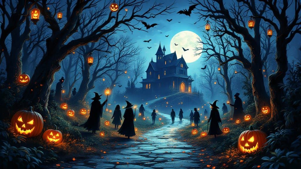 Enchanted Halloween Celebration in Forest at Night